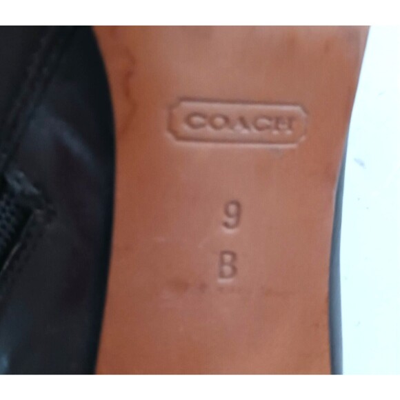 Coach Sondra Choc Brown Leather Heeled Bootie Gold Logo Buckle Strap Side Zip 9M - Picture 10 of 12